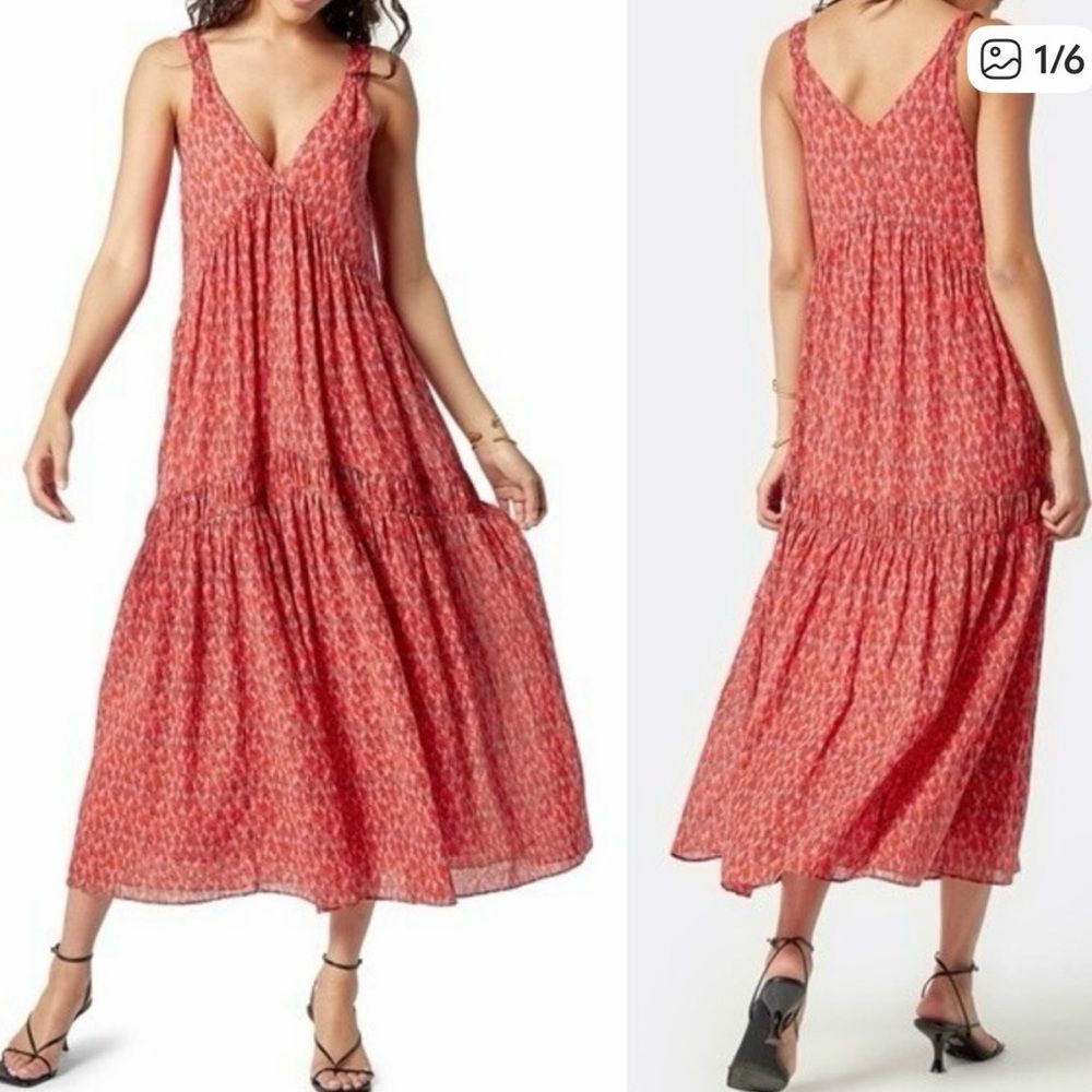 Joie Tiered Cotton Maxi Dress Red Orange Small Tea Rose